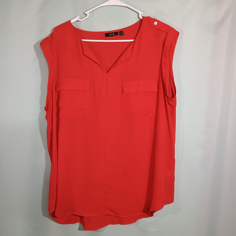 Red Sleeveless Blouse V Neck Pocket Top Lightweight Casual Work Shirt